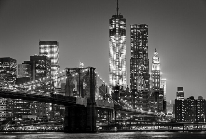 Canvas Zwart-witfoto van de Brooklyn Bridge bij nacht