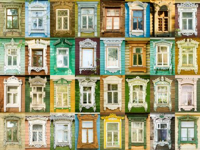 Fotobehang 32 veelkleurige traditie vensters van Russische stad Rostov.