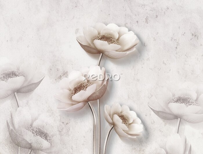 Fotobehang 3D bloemen op een betonnen muur