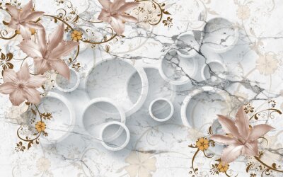 Fotobehang 3D bloemen op marmeren cirkelbehang, het 3d teruggeven.