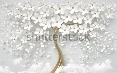 Fotobehang 3D-boom met witte bloemen
