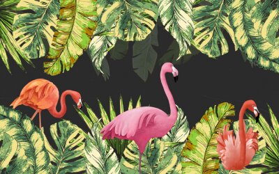 Fotobehang 3D flamingo's tussen tropische bladeren
