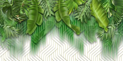 Fotobehang 3D groene bladeren op een geometrische achtergrond