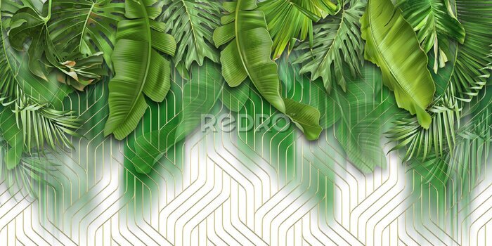 Fotobehang 3D groene bladeren op een geometrische achtergrond