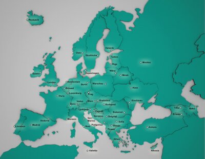 3D-kaart van Europa met hoofdsteden in turkoois