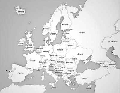 3D Kaart van Europa met namen in Engels