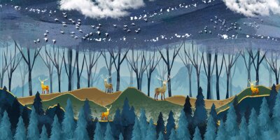 Fotobehang 3d modern art mural wallpaper with dark blue Jungle , forest background . golden deer, christmas tree , mountains , clouds with white birds . Suitable for use as a frame on walls .