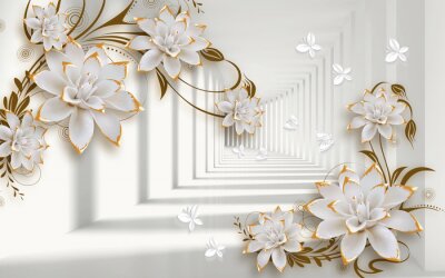 Fotobehang 3d mural illustration background with golden jewelry and flowers , circles  decorative wallpaper