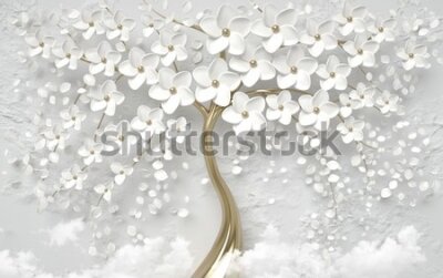 Fotobehang 3d picture sakura tree with white flowers Wallpaper Background 