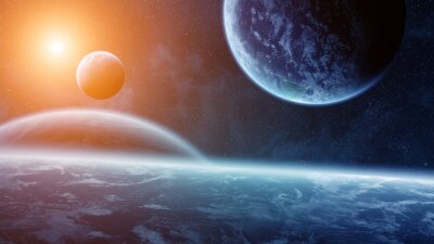 3D planeten op een zonsopgang achtergrond