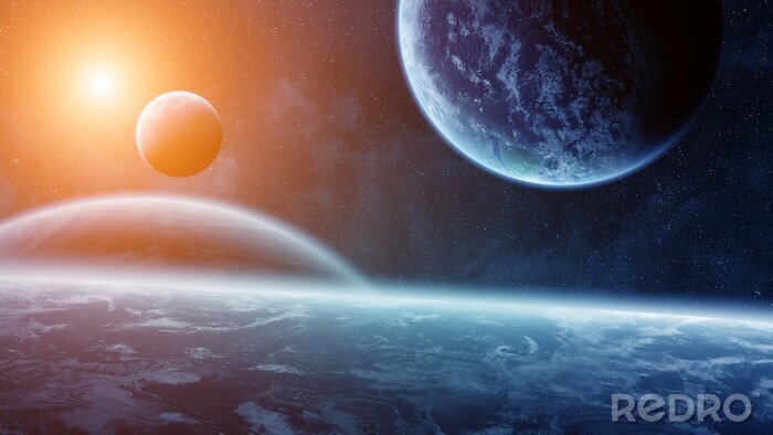 Fotobehang 3D planeten op een zonsopgang achtergrond
