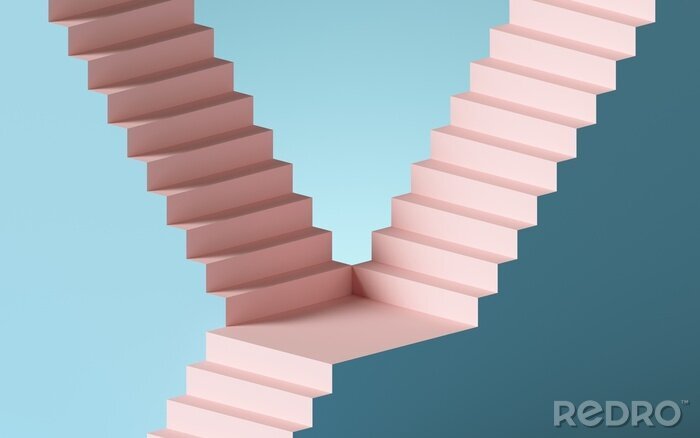 Fotobehang 3d render, abstract background with steps and staircase, in pink and blue pastel colors. Architectural design elements.