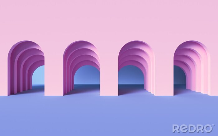 Fotobehang 3d render, abstract modern geometric background, architectural concept, arch inside pink wall, paper layers