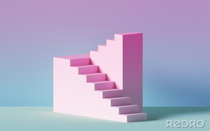Fotobehang 3d render, pink stairs, steps, abstract background in pastel colors, fashion podium, minimal scene, architectural block, design element