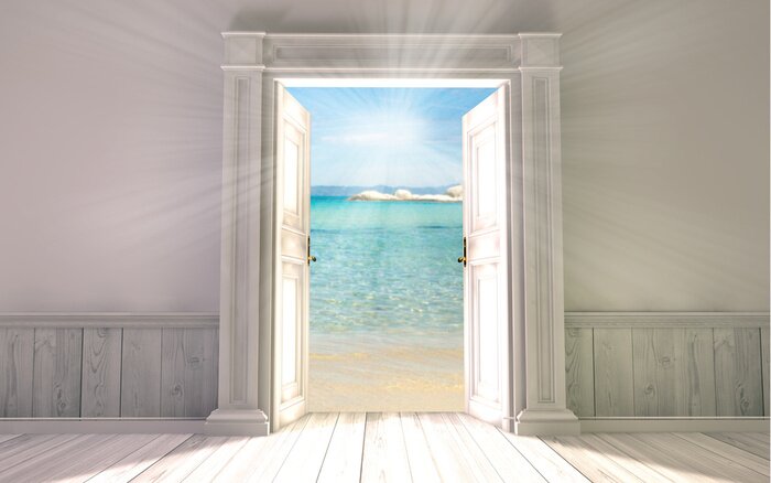 Fotobehang 3D-rendering de lege kamer met geopende deur