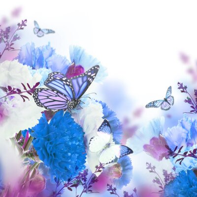 Fotobehang 3D roos anjers en vlinders
