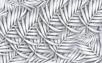 Fotobehang 3D tropische bladeren in grijstinten