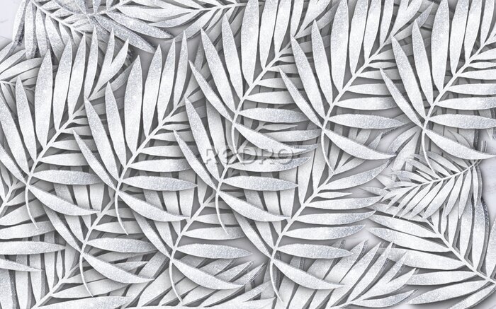 Fotobehang 3D tropische bladeren in grijstinten