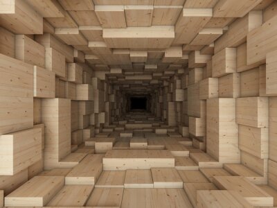 3D tunnel gemaakt van houten kubussen