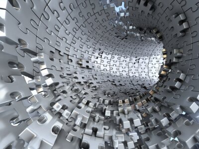Fotobehang 3D tunnel van metalen puzzel