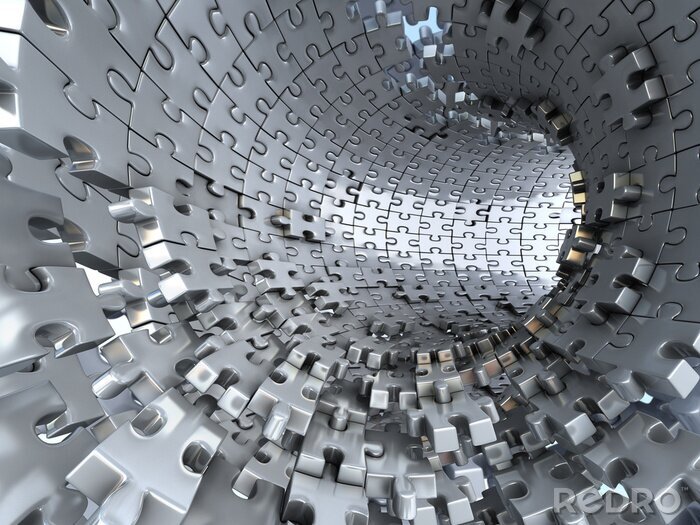 Fotobehang 3D tunnel van metalen puzzel