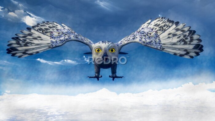 Fotobehang 3D uil in vlucht op achtergrond van blauwe hemel