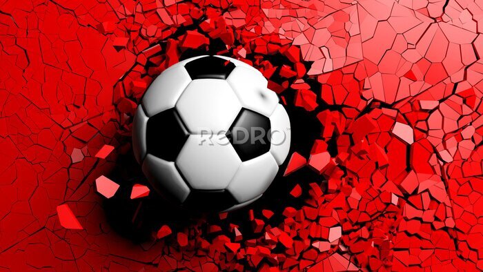 Fotobehang 3D voetbalbal op een rode muurachtergrond