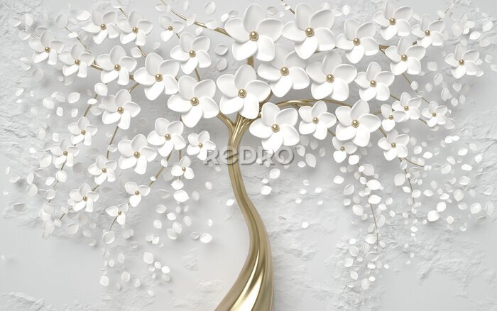 Fotobehang 3d wallpaper tree silver flower