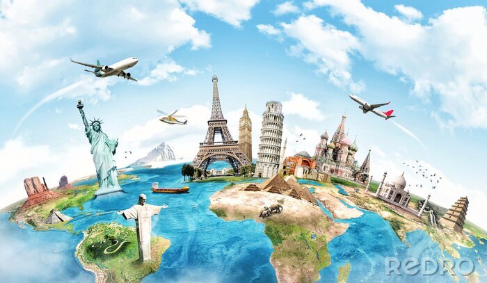 Fotobehang 3D wereldkaart met oriëntatiepunten
