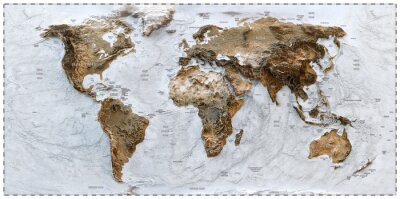 Fotobehang 3D World map of the Earth with exaggerated topographic relief and countries names and boundaries. High detailed global world physical map. Planet map with continents, countries borders, water objects