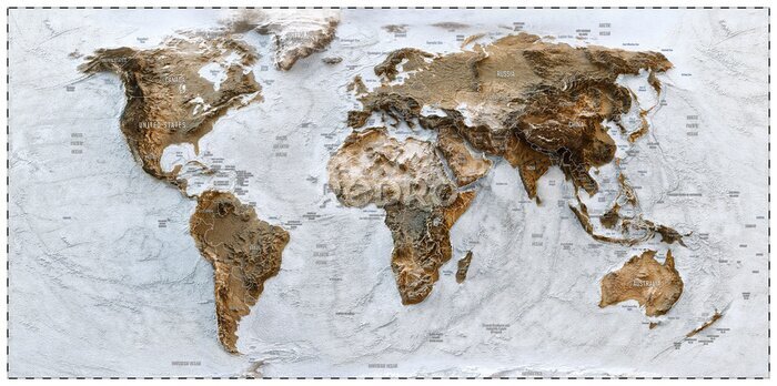 Fotobehang 3D World map of the Earth with exaggerated topographic relief and countries names and boundaries. High detailed global world physical map. Planet map with continents, countries borders, water objects