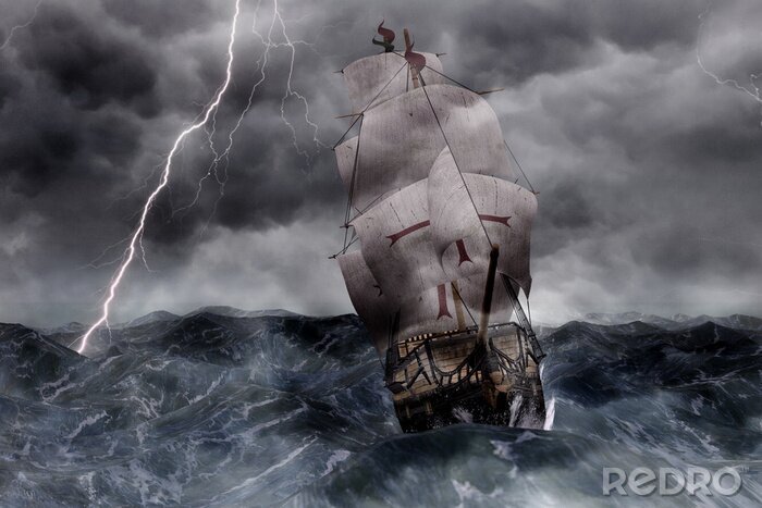 Fotobehang 3D zeilschip galjoen in stormachtige zeeën