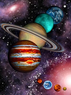 9 planeten van het zonnestelsel, asteroïdengordel en spiraalstelsel.