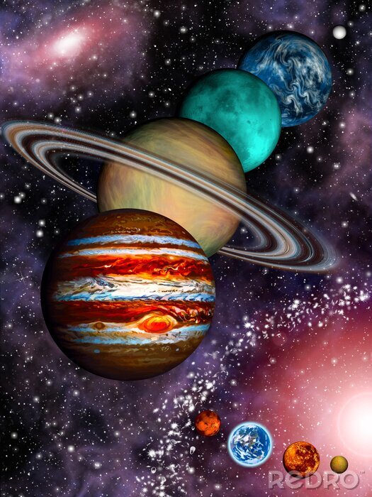 Fotobehang 9 planeten van het zonnestelsel, asteroïdengordel en spiraalstelsel.