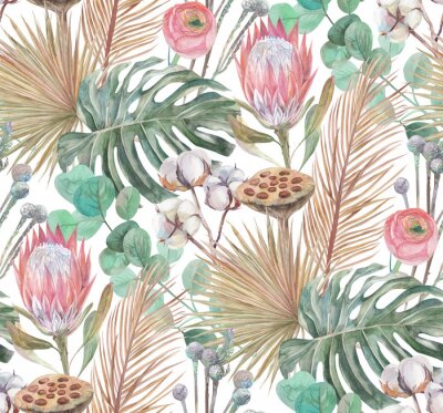Fotobehang a modern boho style pattern tropical dried flowers and a proteus flower are painted in watercolor with sprigs of cotton a turquoise background