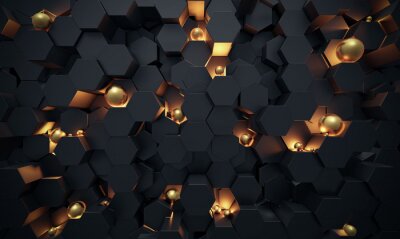 Fotobehang Abstract 3D Dark hexagon wallpaper or background with golden sphere lightened 