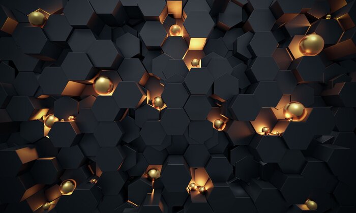 Fotobehang Abstract 3D Dark hexagon wallpaper or background with golden sphere lightened 