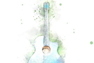 Abstract acoustic guitar on green grass on watercolor illustration painting background.