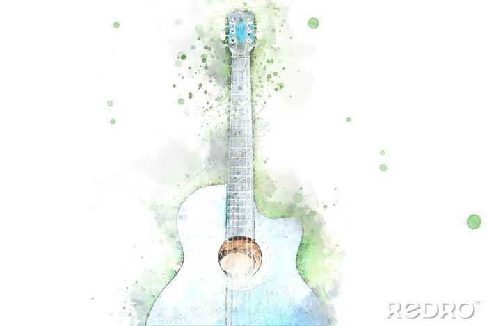 Fotobehang Abstract acoustic guitar on green grass on watercolor illustration painting background.