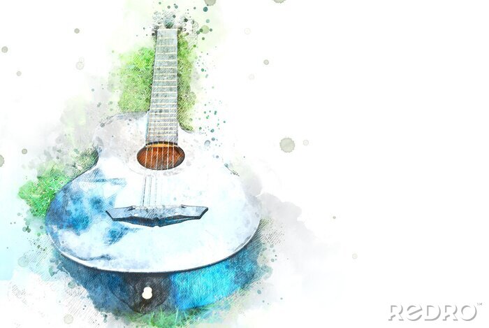 Fotobehang Abstract acoustic guitar on green grass on watercolor illustration painting background.