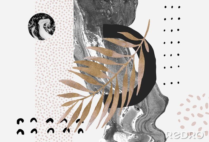 Fotobehang Abstract background: dynamic marbling flow, minimal shapes, glossy golden tropical leaf