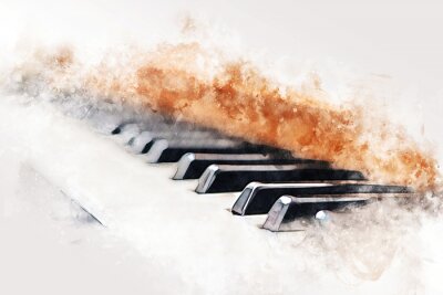 Abstract colorful piano keyboard on watercolor illustration painting background.