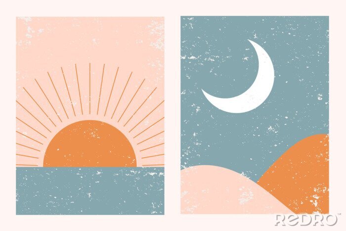 Fotobehang Abstract contemporary aesthetic background landscape set with Sun, Moon, sea, mountains. Earth tones, pastel colors. Boho wall decor. Mid century modern minimalist art print. Flat abstract design.