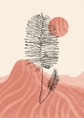 Abstract contemporary aesthetic background with mountains and sun. One line plant on boho background. Boho wall decor. Mid century modern minimalist print. Neutral Geometric art. Organic shape.