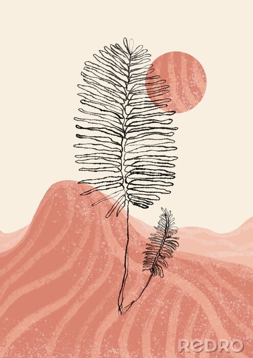 Fotobehang Abstract contemporary aesthetic background with mountains and sun. One line plant on boho background. Boho wall decor. Mid century modern minimalist print. Neutral Geometric art. Organic shape.