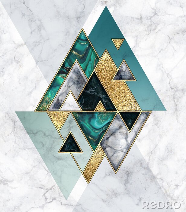 Fotobehang abstract geometric background, modern marble mosaic inlay, malachite green triangles, black white stone textures, golden foil. Fashion marbling illustration, art deco wallpaper