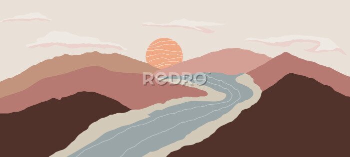 Fotobehang Abstract landschap met zonsondergang boven een bergrivier
