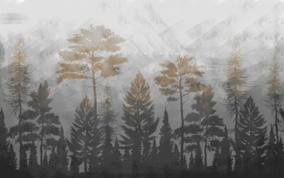 Fotobehang Abstract landschap van een bos in de mist