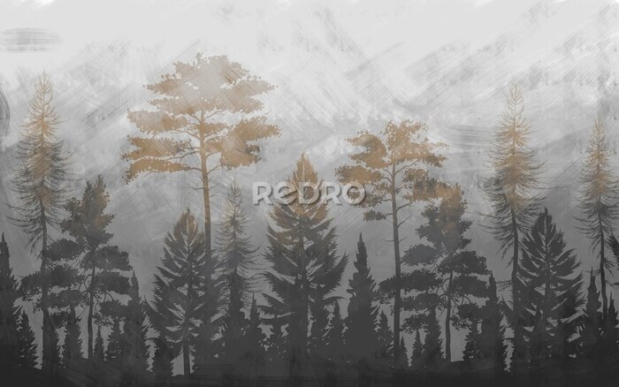 Fotobehang Abstract landschap van een bos in de mist