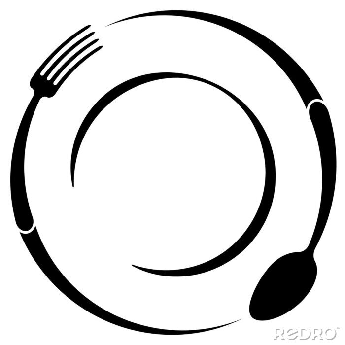 Fotobehang Abstract logo van een cafe of restaurant. Een lepel en vork op een bord. Een eenvoudige omtrek.